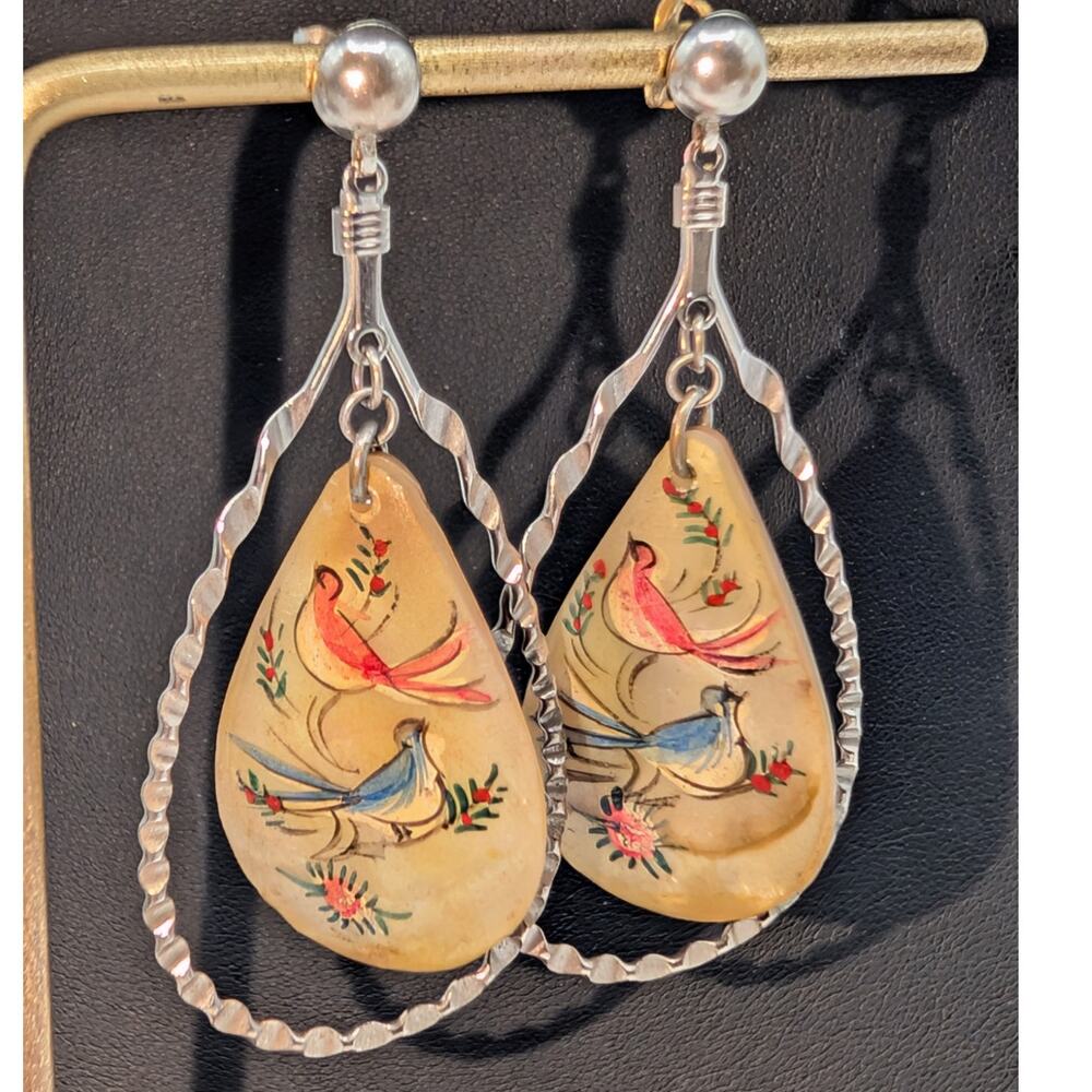 Vtg Middle Eastern Persian MOP Hand-Painted Two-Sided Bird Dangle/Drop Earrings